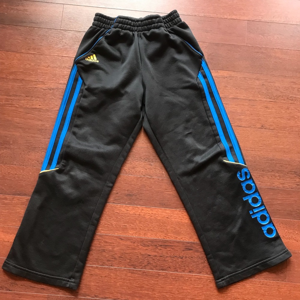 Adidas Boys Black Tricot Track Pants Size 7 Blue Stripes Spell Out Logo